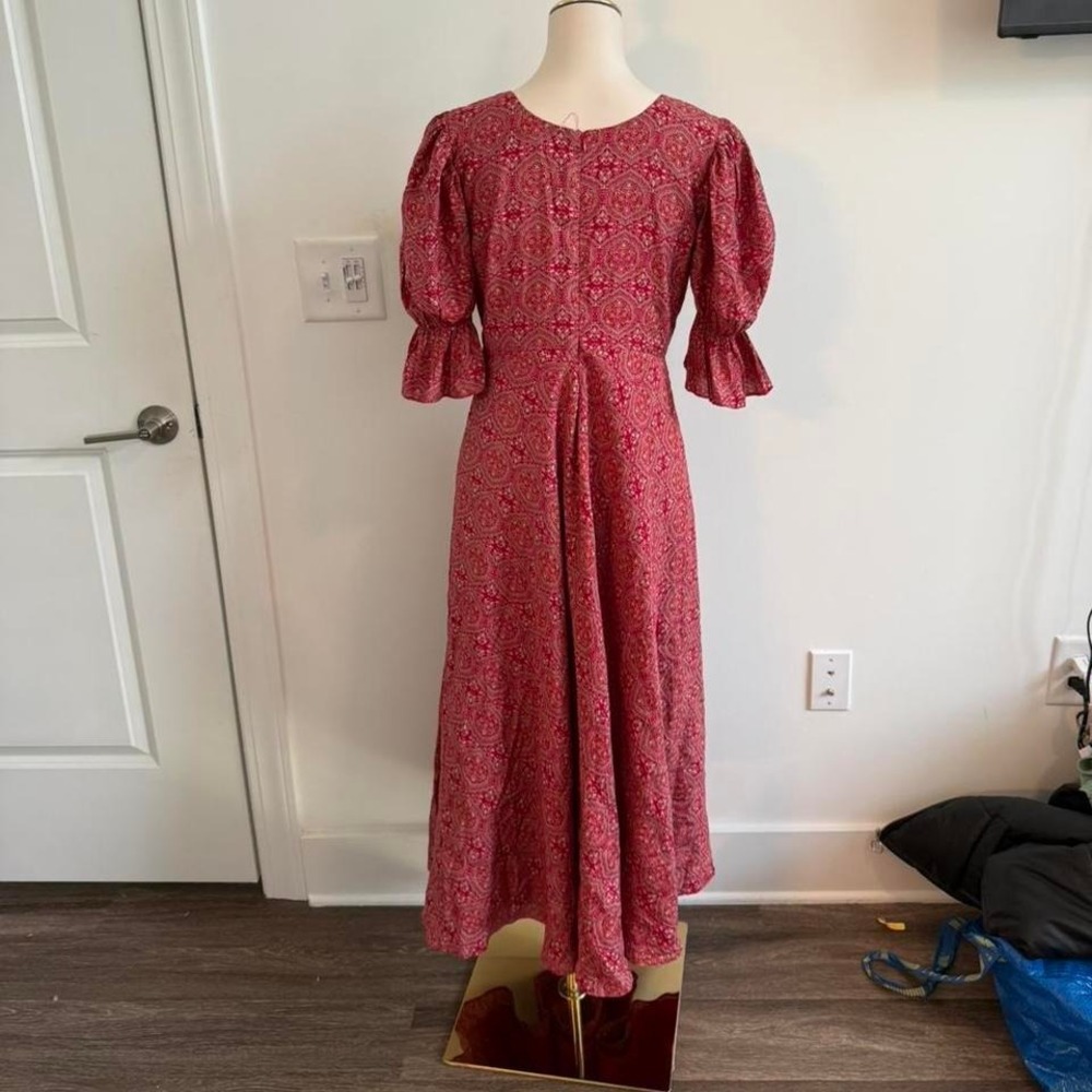 Red Paisley Puff Sleeve Tie Front Midi Dress — Size M (6-8) - Picture 7 of 8